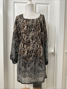 Animal-Print Chiffon Tunic Top in Brown/Black